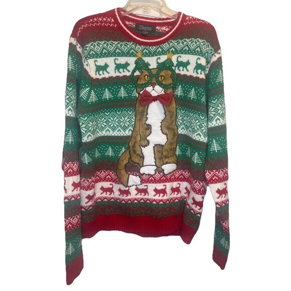 33 Degrees Cat Ugly Christmas Sweater Faux Fur Cat Wearing Glasses Sz L Party - Picture 2 of 9